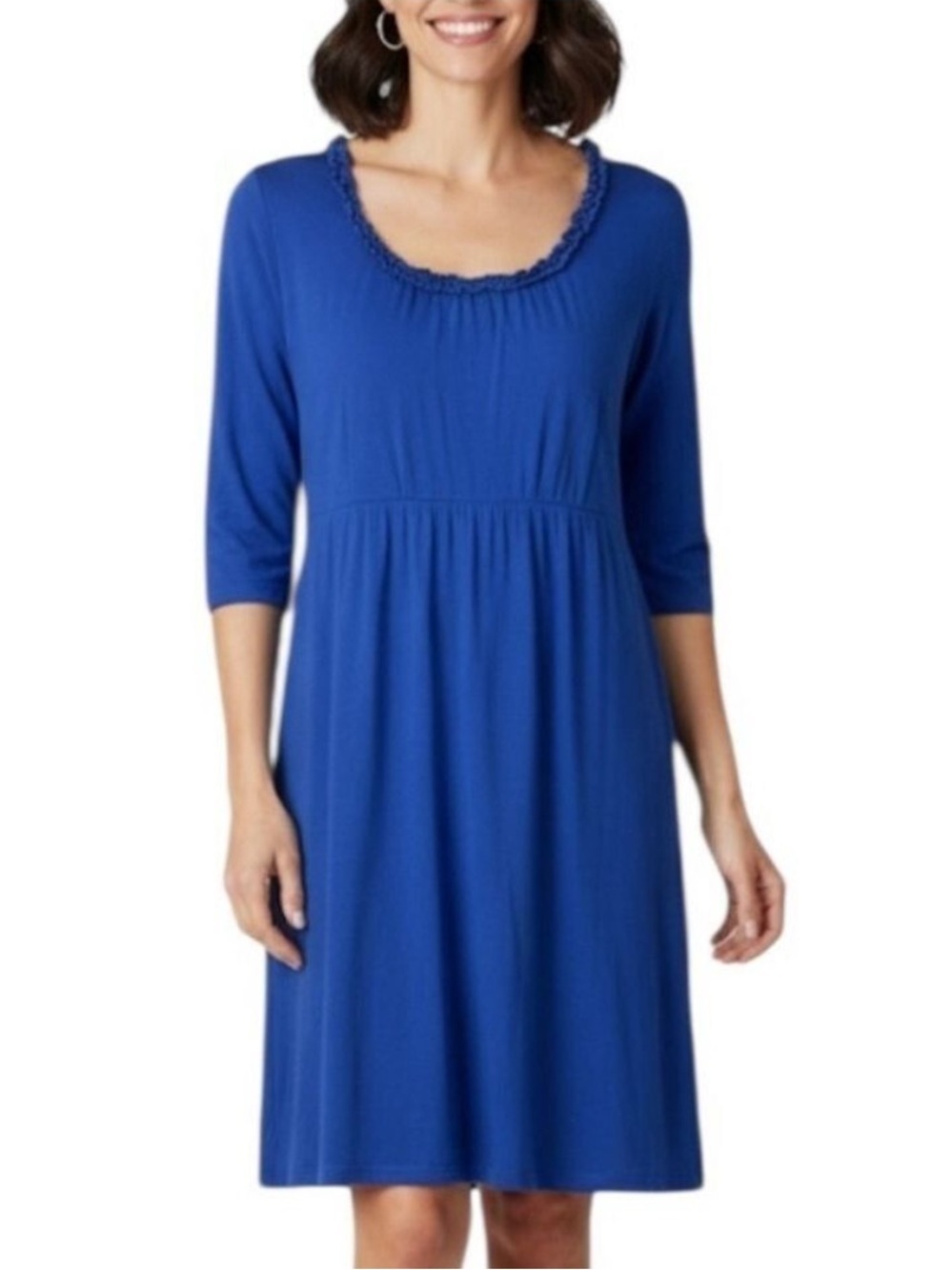 Fresh Produce Coastal Cotton Ruffled Round Collar 3/4 Sleeve Dress Medium Blue